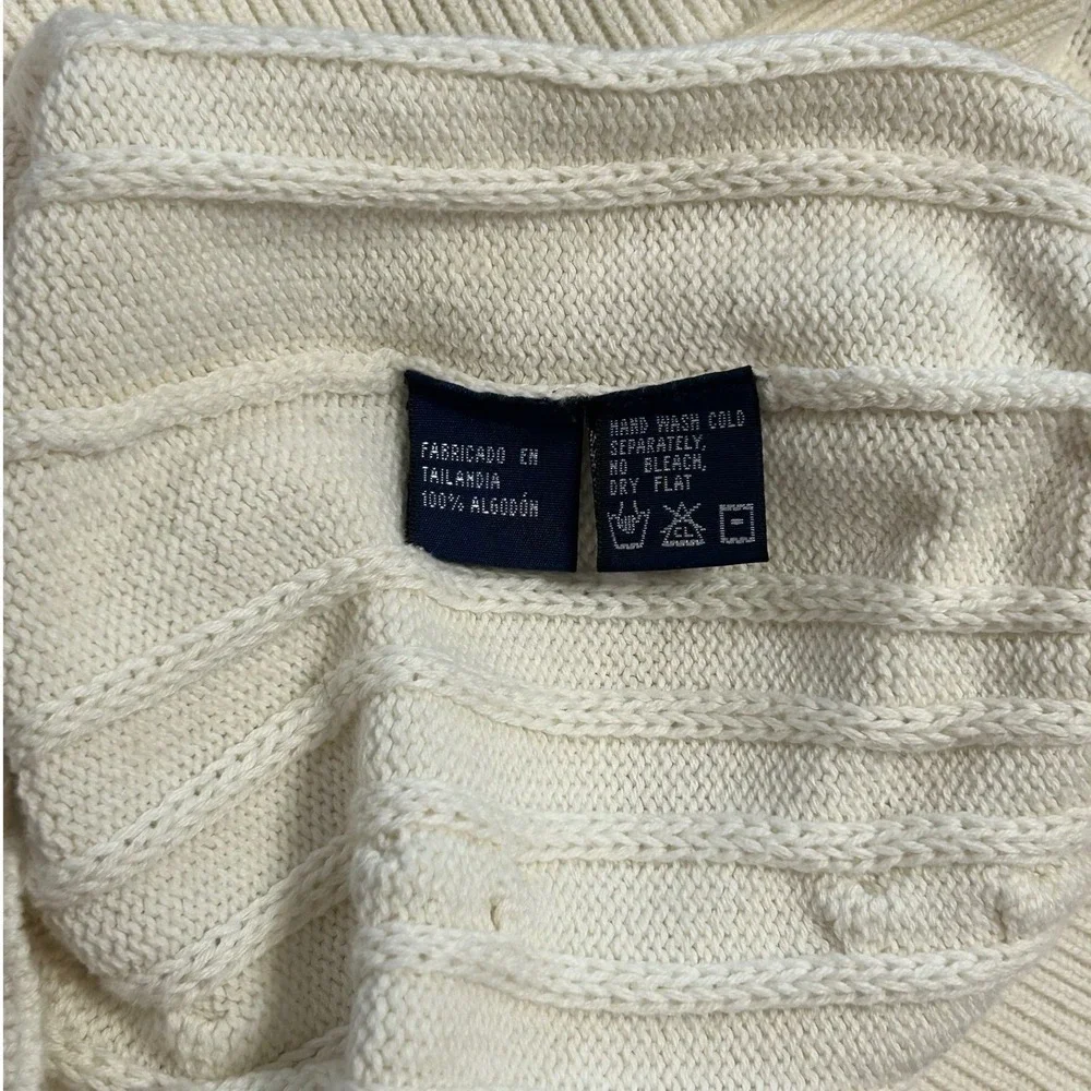 Nautica Mens Cream White Cable Knit Cotton Crewneck Sweater Quiet Luxury